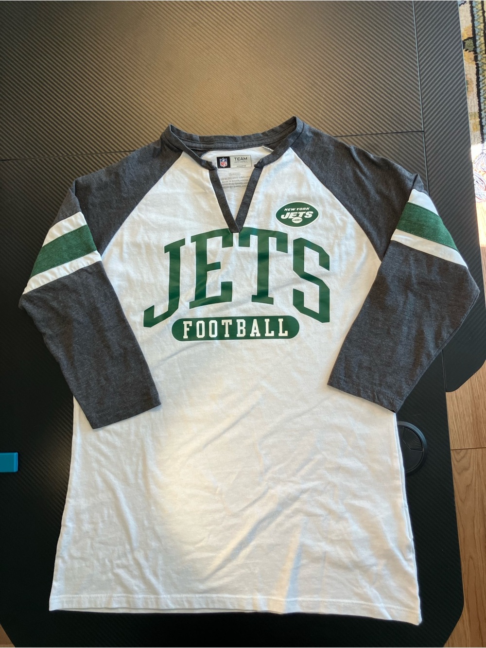 New York Jets Raglan Football Tee - White & Dark Gray with Green Logo
